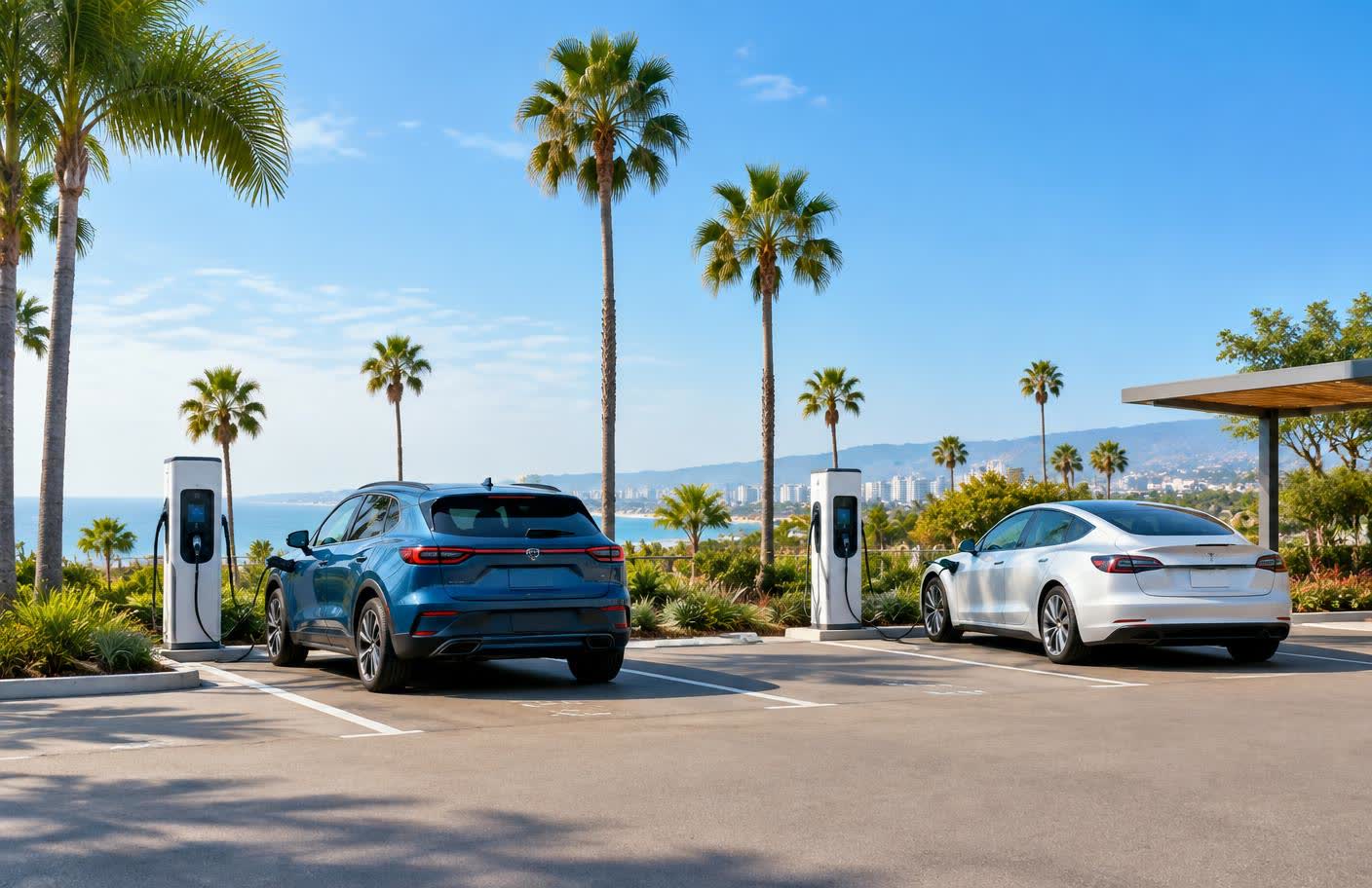 Electric vehicles charging at a sunny Southern Texas charging station